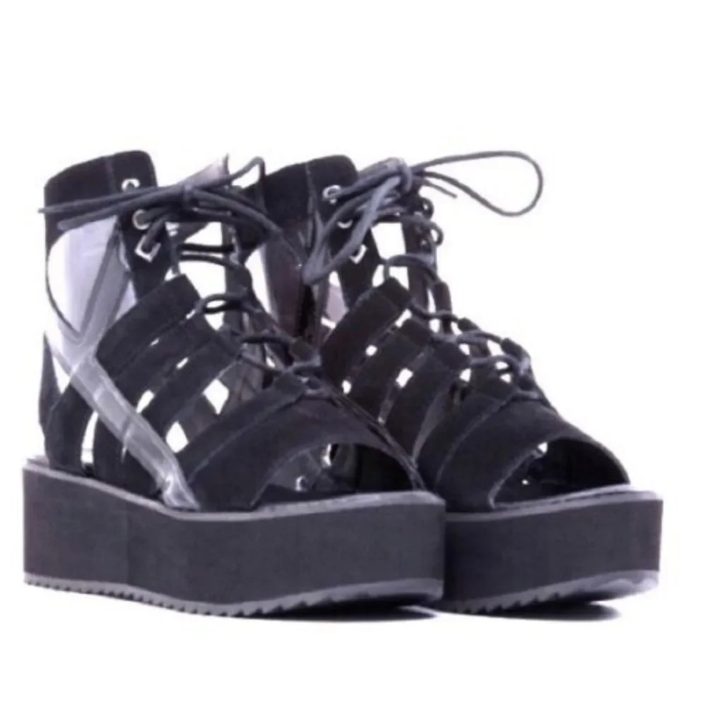 Y.R.U Medusa lo black suede Lace-Up Platform Sandal - Grunge Goth  Women's 11